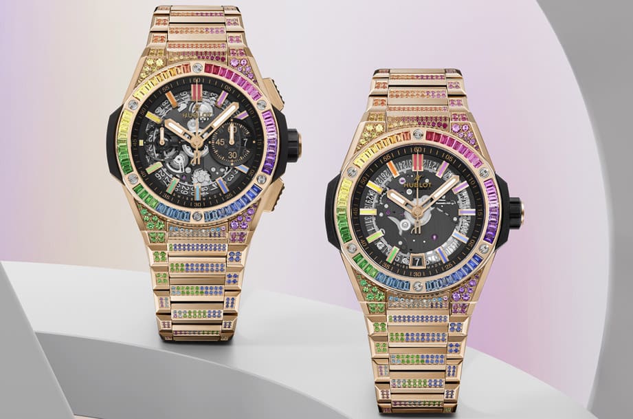 宇舶大爆炸鏈帶手表鑲滿彩色寶石搭配皇金表殼絢麗登場(chǎng)
