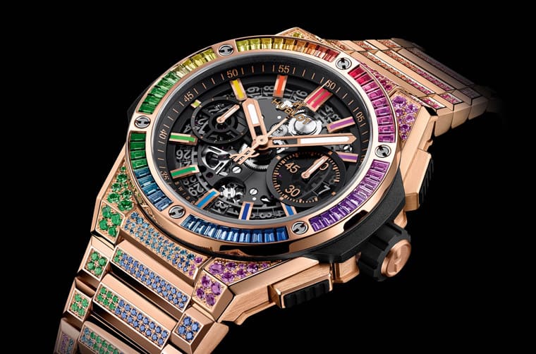宇舶大爆炸鏈帶手表鑲滿彩色寶石搭配皇金表殼絢麗登場(chǎng)