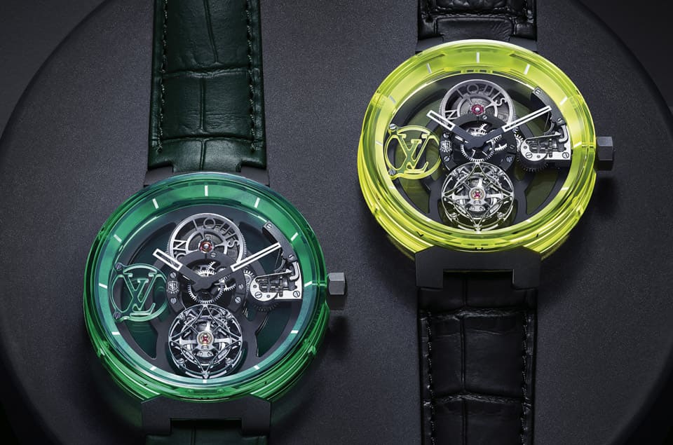 路易威登Tambour Moon飛行陀飛輪日內(nèi)瓦印記手表新增綠色與黃色藍(lán)寶石版本